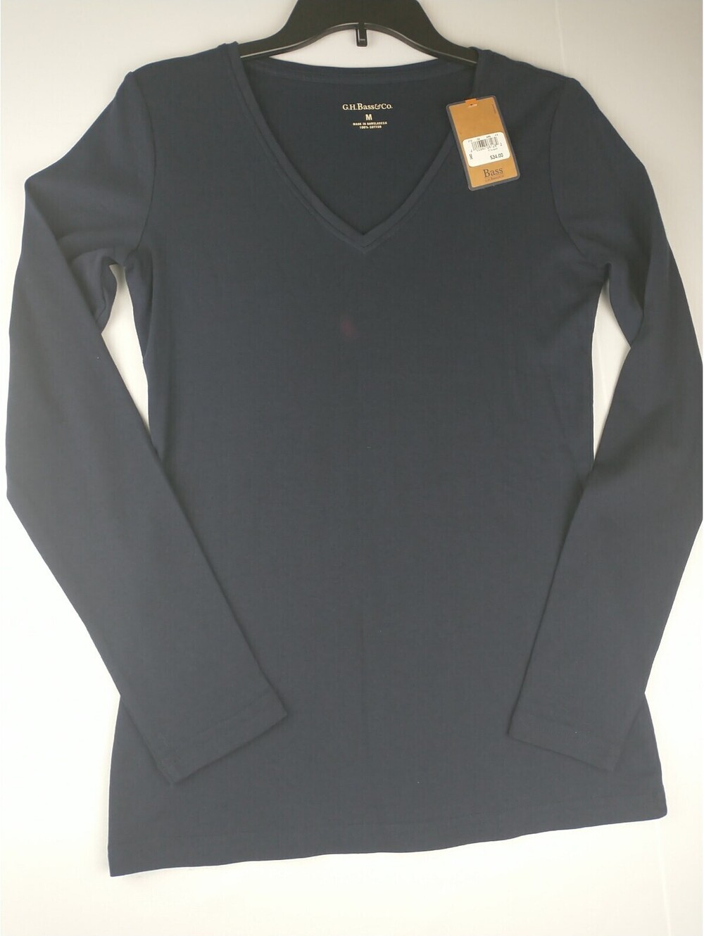 Bass G. H Bass Women's Long Sleeve V Neck Shirt, Med, Navy Color
